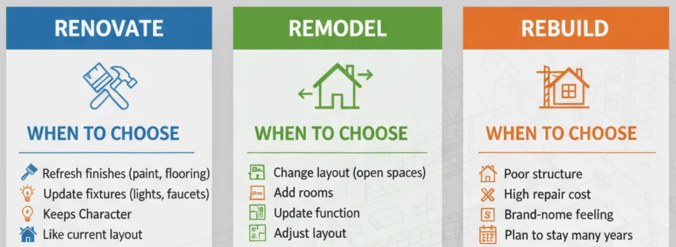 Comparison chart showing differences between remodel, renovation, and restoration